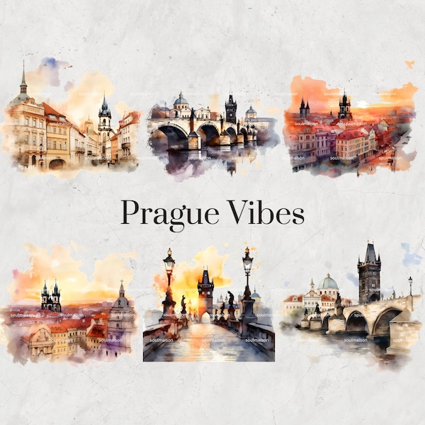 Prague Vibes Watercolor Clipart Set - Hand-painted Prague City Scenes, Historical Buildings, Digital, DIY Invitations, Printable Art