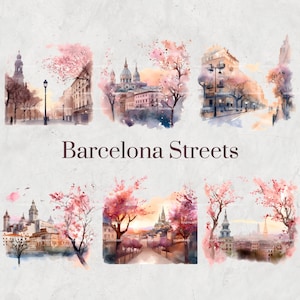 Barcelone rues aquarelle Clipart ensemble - paysages urbains peints à la main, été, téléchargement numérique, Scrapbooking, bricolage Invitations, Art imprimable