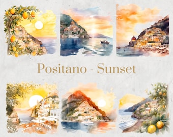 Positano Sunset Watercolor Clipart Set - Hand-painted Italian Landscapes, Digital Download, Scrapbooking, DIY Invitations, Printable Art