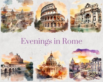 Evenings in Rome Watercolor Clipart Set - Hand-Painted Italian Cityscapes, Roman Landmarks, Digital, Scrapbooking, Printable, DIY Invitation