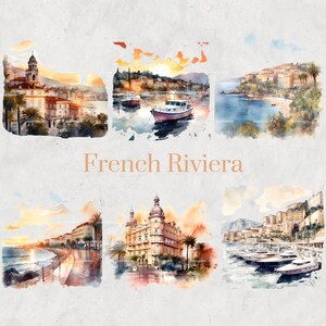 Französische Riviera Aquarell Clipart Set - handgemalte mediterrane Landschaft, glamouröse Küstenstädte, digitale, druckbare Kunst, DIY Einladungen
