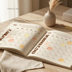 May include: Open 2026 calendar with August and October pages visible. The calendar has a cream-colored background with brown text. The text "Plan beautifully. Stay consistent" is above the calendar. A small vase with dried flowers is on the right.