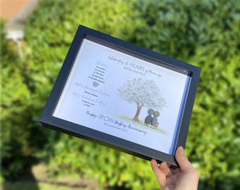 May include: A framed print celebrating a 6-year wedding anniversary. The artwork features a tree with two figures beneath it, a heart, and text that reads "Happy Iron Wedding Anniversary". The frame is black.