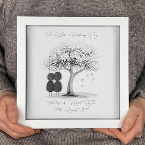 Image of Personalised Wedding Pebble Art Gift, Bride and Groom, Mr & Mrs Present, Custom Pebble Picture Keepsake, 8 x 8", Wedding Day, Silver Swing