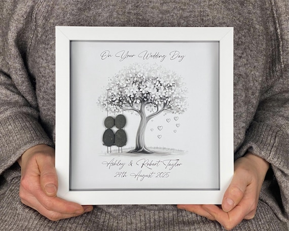 Personalised Wedding Pebble Art Gift, Bride and Groom, Mr & Mrs Present, Custom Pebble Picture Keepsake, 8 x 8", Wedding Day, Silver Swing