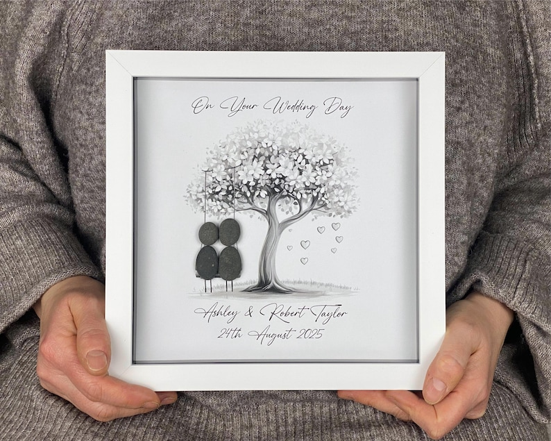 Image of Personalised Wedding Pebble Art Gift, Bride and Groom, Mr & Mrs Present, Custom Pebble Picture Keepsake, 8 x 8", Wedding Day, Silver Swing