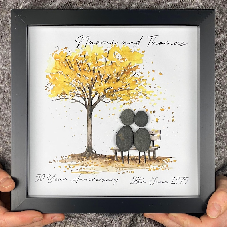 Image of Personalised 50th Wedding Anniversary Pebble Art, Wedding Anniversary Gift, Gold Wedding Anniversary Print Gift, 50th Anniversary Gift