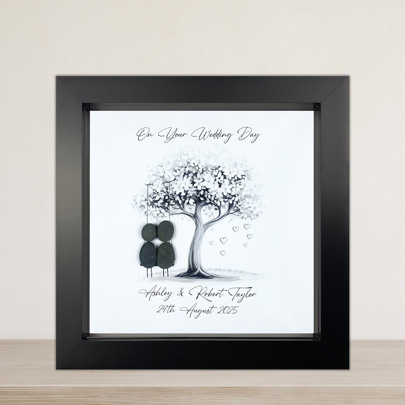 Image of Personalised Wedding Pebble Art Gift, Bride and Groom, Mr & Mrs Present, Custom Pebble Picture Keepsake, 8 x 8", Wedding Day, Silver Swing