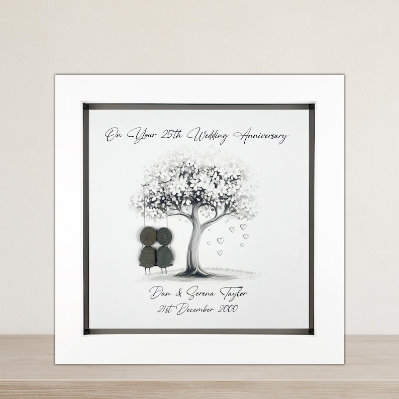Image of Personalised 25th Wedding Anniversary Pebble Art, Wedding Anniversary Gift, Silver Anniversary Present, 25th Anniversary Keepsake Gift Swing