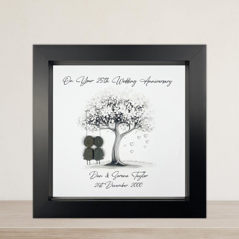 Image of Personalised 25th Wedding Anniversary Pebble Art, Wedding Anniversary Gift, Silver Anniversary Present, 25th Anniversary Keepsake Gift Swing