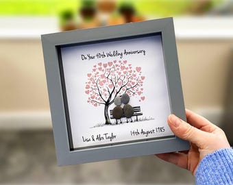Personalised 40th Wedding Anniversary Pebble Art, 6 Inches Frame, Wedding Anniversary Gift, Ruby Anniversary Keepsake Present, Love Tree