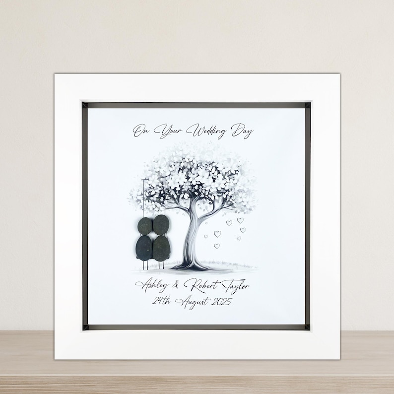 Image of Personalised Wedding Pebble Art Gift, Bride and Groom, Mr & Mrs Present, Custom Pebble Picture Keepsake, 8 x 8", Wedding Day, Silver Swing