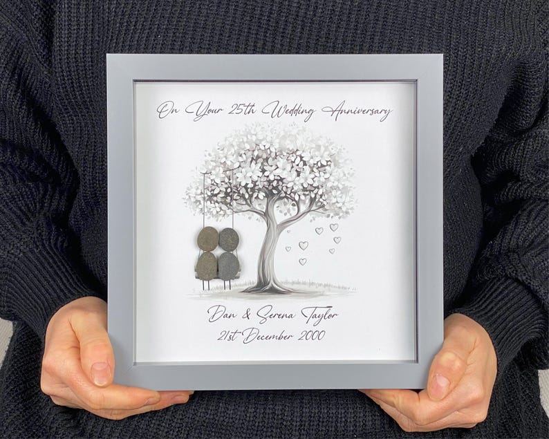 Image of Personalised 25th Wedding Anniversary Pebble Art, Wedding Anniversary Gift, Silver Anniversary Present, 25th Anniversary Keepsake Gift Swing