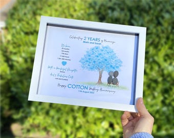 May include: A framed print celebrating a 2-year wedding anniversary. The artwork features a blue tree, two figures on a bench, and text that reads "Celebrating 2 Years of Marriage" and "Happy Cotton Wedding Anniversary, 11th August 2023."