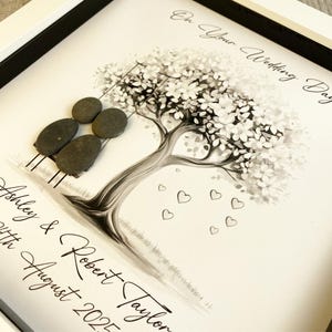 Image of Personalised Wedding Pebble Art Gift, Bride and Groom, Mr & Mrs Present, Custom Pebble Picture Keepsake, 8 x 8", Wedding Day, Silver Swing