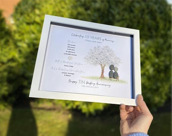 10th Wedding Anniversary Pebble Picture, Fully Personalised, 8 x 10 Inch Frame, Tin Anniversary Gift