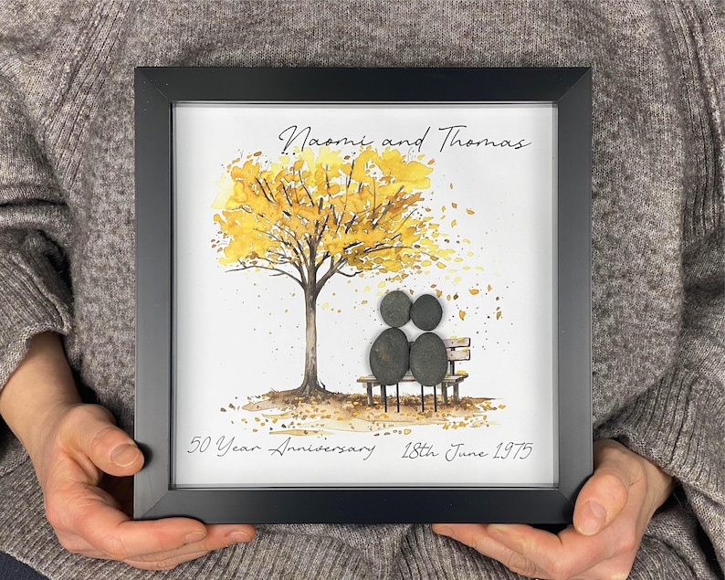 Image of Personalised 50th Wedding Anniversary Pebble Art, Wedding Anniversary Gift, Gold Wedding Anniversary Print Gift, 50th Anniversary Gift