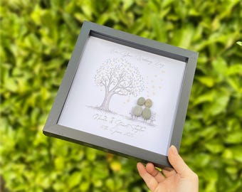 Personalised Wedding Pebble Art Gift, Bride and Groom, Mr & Mrs Present, Custom Pebble Picture Keepsake, 8 x 8", Wedding Day, Gold Hearts