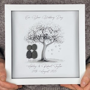 Image of Personalised Wedding Pebble Art Gift, Bride and Groom, Mr & Mrs Present, Custom Pebble Picture Keepsake, 8 x 8", Wedding Day, Silver Swing