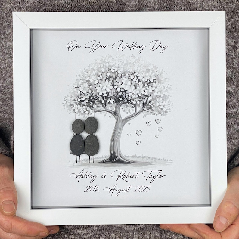 Image of Personalised Wedding Pebble Art Gift, Bride and Groom, Mr & Mrs Present, Custom Pebble Picture Keepsake, 8 x 8", Wedding Day, Silver Swing