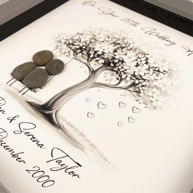 Image of Personalised 25th Wedding Anniversary Pebble Art, Wedding Anniversary Gift, Silver Anniversary Present, 25th Anniversary Keepsake Gift Swing