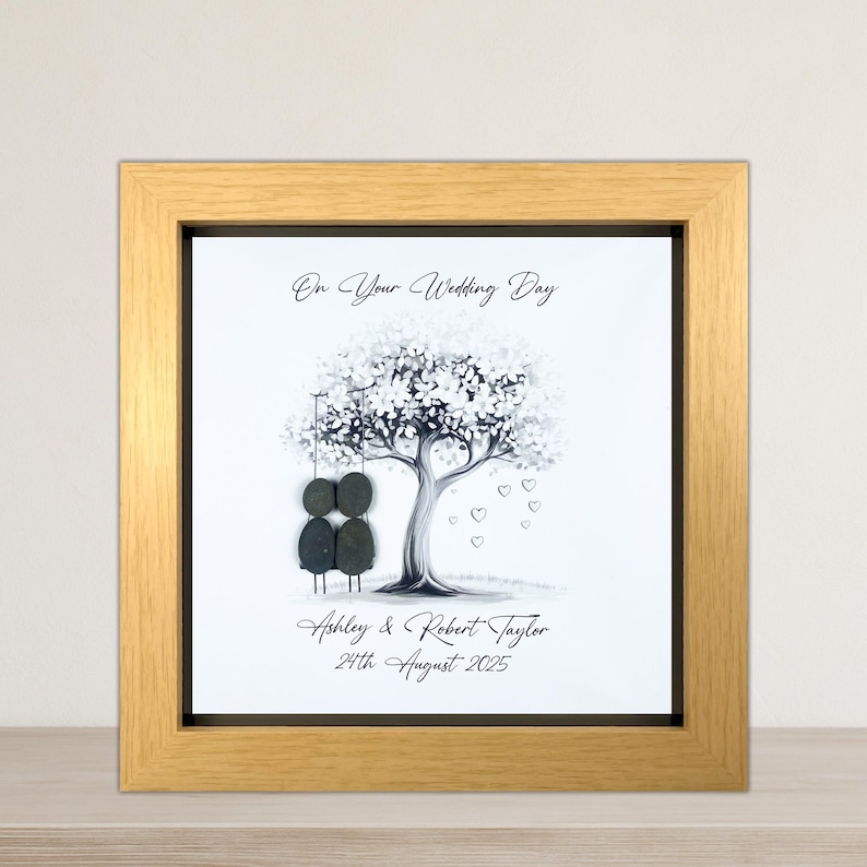 Image of Personalised Wedding Pebble Art Gift, Bride and Groom, Mr & Mrs Present, Custom Pebble Picture Keepsake, 8 x 8", Wedding Day, Silver Swing