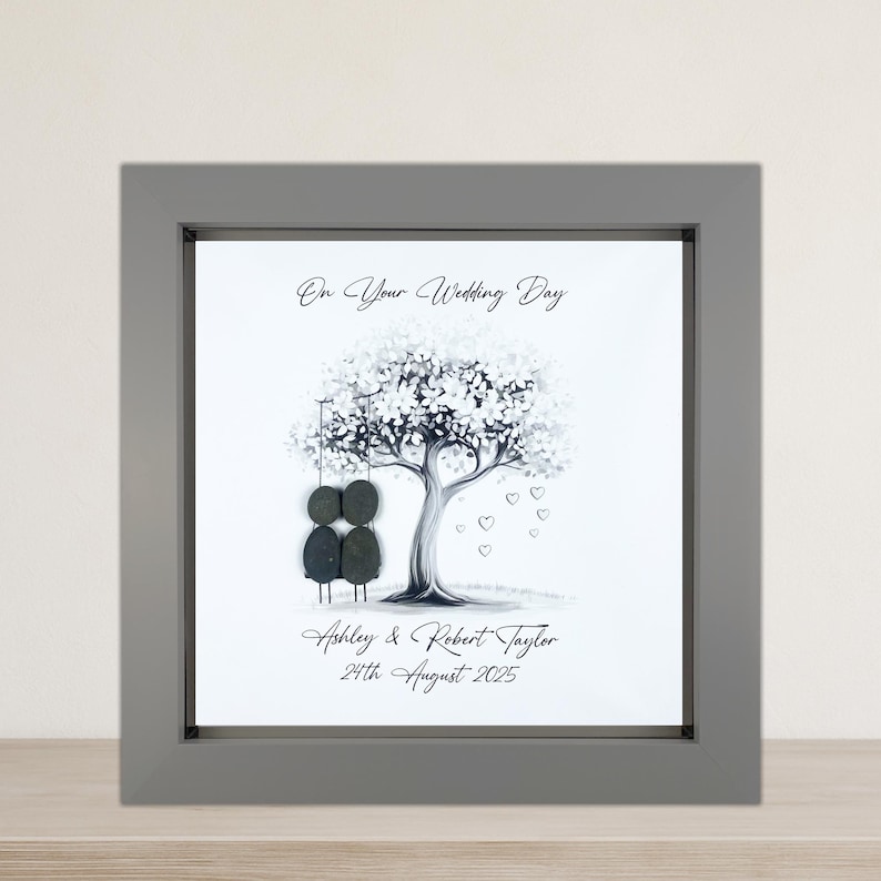Image of Personalised Wedding Pebble Art Gift, Bride and Groom, Mr & Mrs Present, Custom Pebble Picture Keepsake, 8 x 8", Wedding Day, Silver Swing