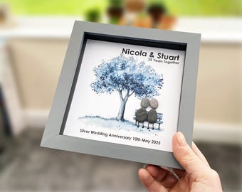 Personalised 25th Wedding Anniversary Pebble Art, 6 Inches Frame, Wedding Anniversary Gift, Silver Anniversary Keepsake Present, Grey Tree