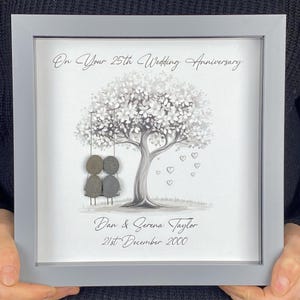 Image of Personalised 25th Wedding Anniversary Pebble Art, Wedding Anniversary Gift, Silver Anniversary Present, 25th Anniversary Keepsake Gift Swing
