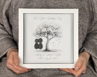 Cadeau personnalisé d'art de galets de mariage, jeunes mariés, cadeau de Mr et Mme, photo souvenir de galets personnalisé, 20 x 20 cm, jour du mariage, balançoire en argent