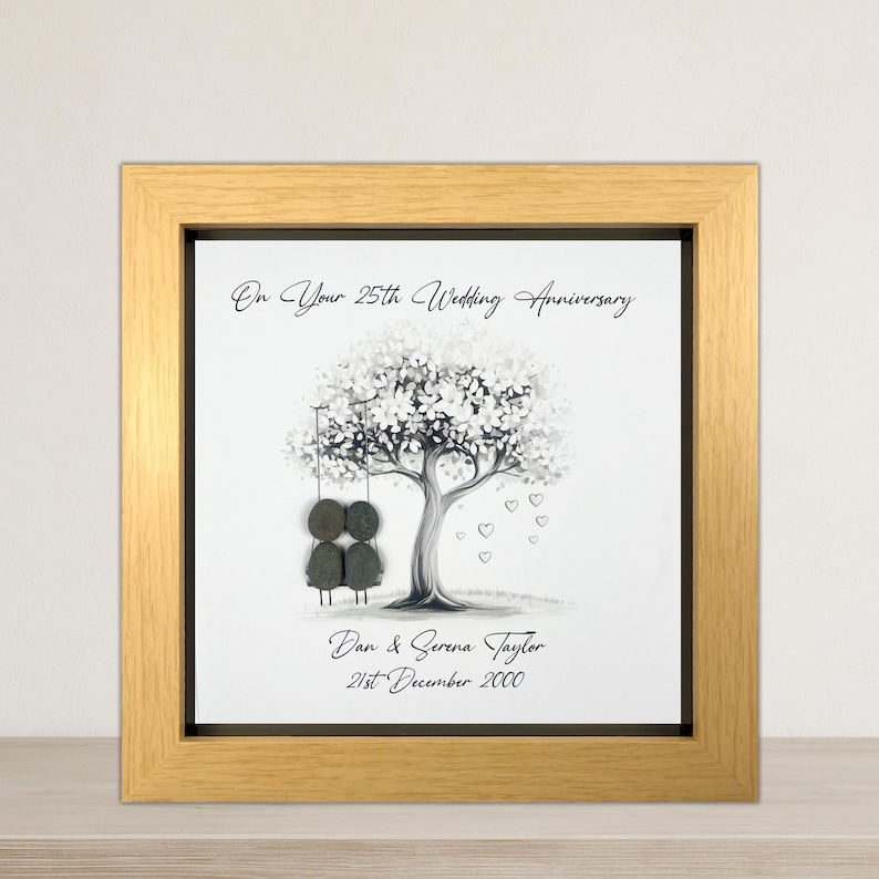 Image of Personalised 25th Wedding Anniversary Pebble Art, Wedding Anniversary Gift, Silver Anniversary Present, 25th Anniversary Keepsake Gift Swing