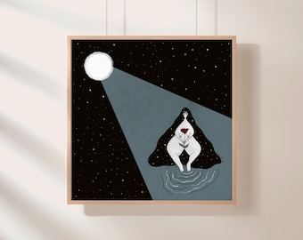 Moon Art Print, Woman Art Print, Full Moon Art Print, Printable Wall Art, Moon Light Art Print, Water Energy Art Print, Feminine Art Print