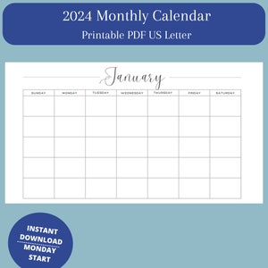 2024 Calendar Sunday and Monday Start, Minimalist Black and White Monthly Calendar 2024, A4 and Letter Size, Print at Home PDF