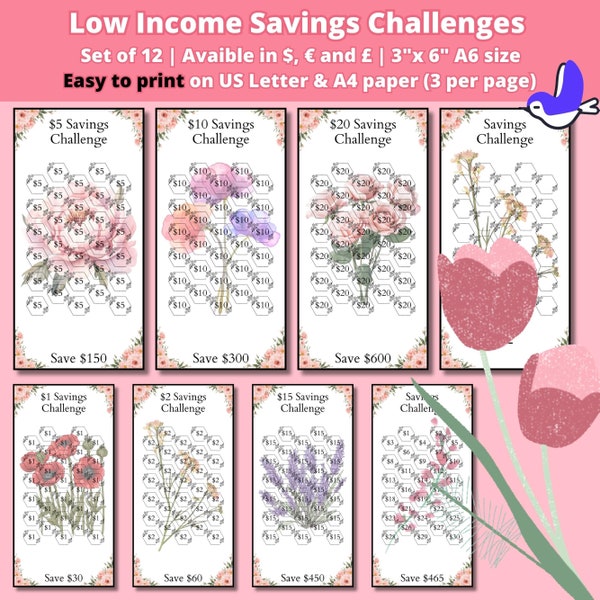 Low Income Savings Challenge Printable, A6 Cash Stuffing & Budgeting Challenges, A6 Budget Binder, Low Budget Mini Savings Tracker Bundle