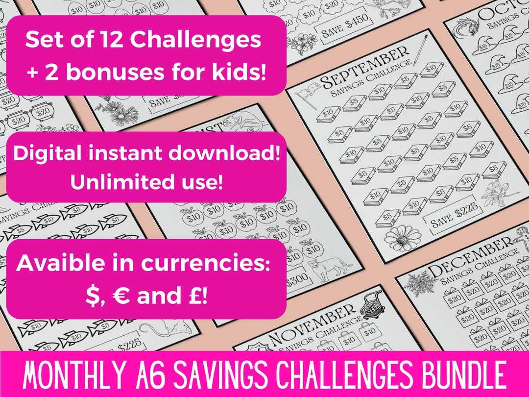 Monthly Savings Challenge Printable Savings Challenge Bundle A6 Savings ...