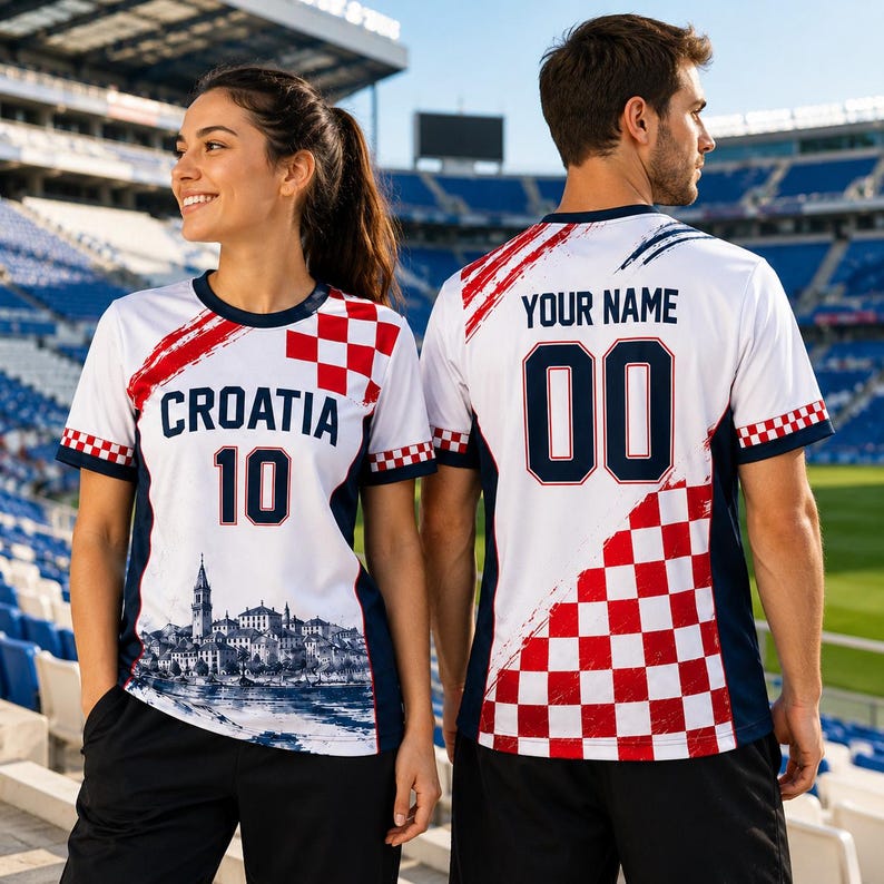 A woman and a man wearing white and red soccer jerseys with the word "Crotia" printed on them, standing in front of a stadium.