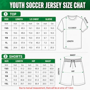 The image is a youth soccer jersey size chat, providing measurements for different sizes such as top, chest, sleeve, and shorts. The chat includes tables and a diagram to help determine the appropriate size for a soccer jersey based on the user's height and weight. The image is due to manual measurement, and there will be an error of 1-3 cm.