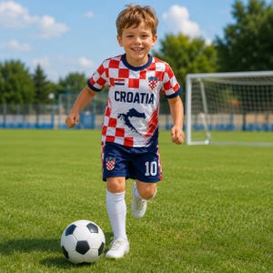 A young boy in a red and white Croatia soccer jersey is running with a soccer ball on a grassy field.