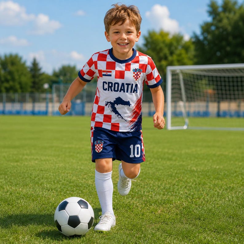 A young boy in a red and white Croatia soccer jersey is running with a soccer ball on a grassy field.