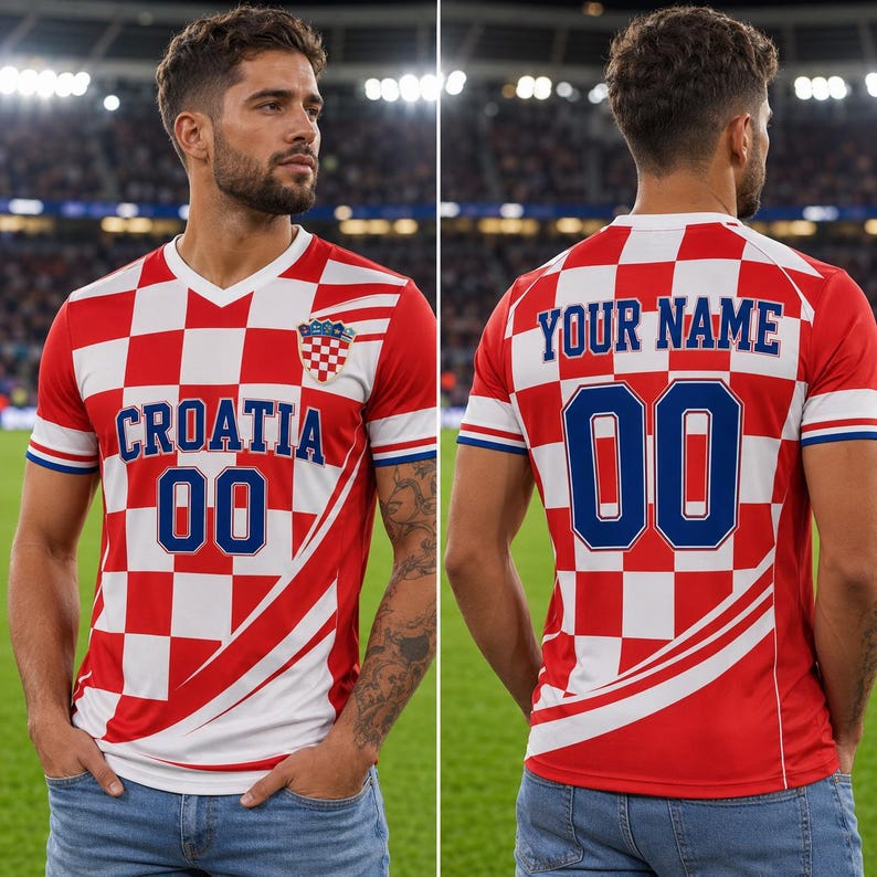 A man wearing a red and white Croatia soccer jersey with the number 00, standing on a soccer field.