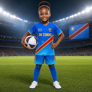 May include: A blue soccer uniform featuring the text DR CONGO, a diagonal red and yellow stripe, and the national flag of the Democratic Republic of the Congo. The set includes a V-neck jersey, matching shorts, blue socks, and white athletic shoes.