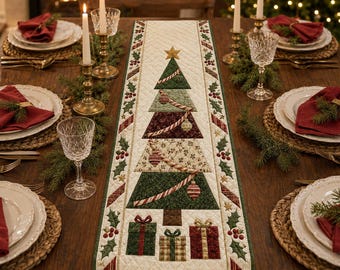 Può includere: Un runner da tavola trapuntato con un design centrale di albero di Natale composto da sezioni di tessuto verde, bordeaux e fantasia, decorato con ornamenti e una stella dorata, bordato da agrifoglio e scatole regalo alla base.