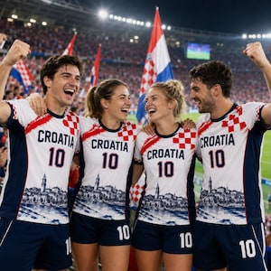 A group of four people, two men and two women, are celebrating together in a stadium, wearing Croatia national team uniforms and smiling.
