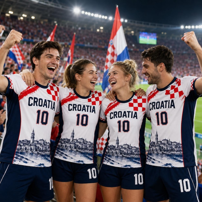 A group of four people, two men and two women, are celebrating together in a stadium, wearing Croatia national team uniforms and smiling.