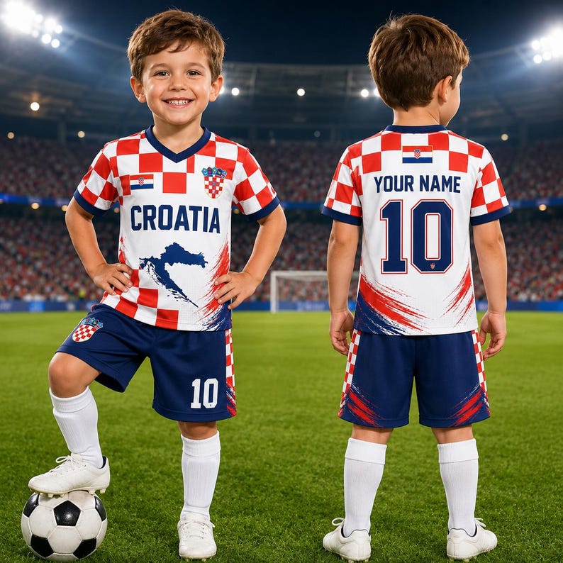 A young boy wearing a Croatia soccer jersey with the number 10, standing on a soccer ball in a stadium.