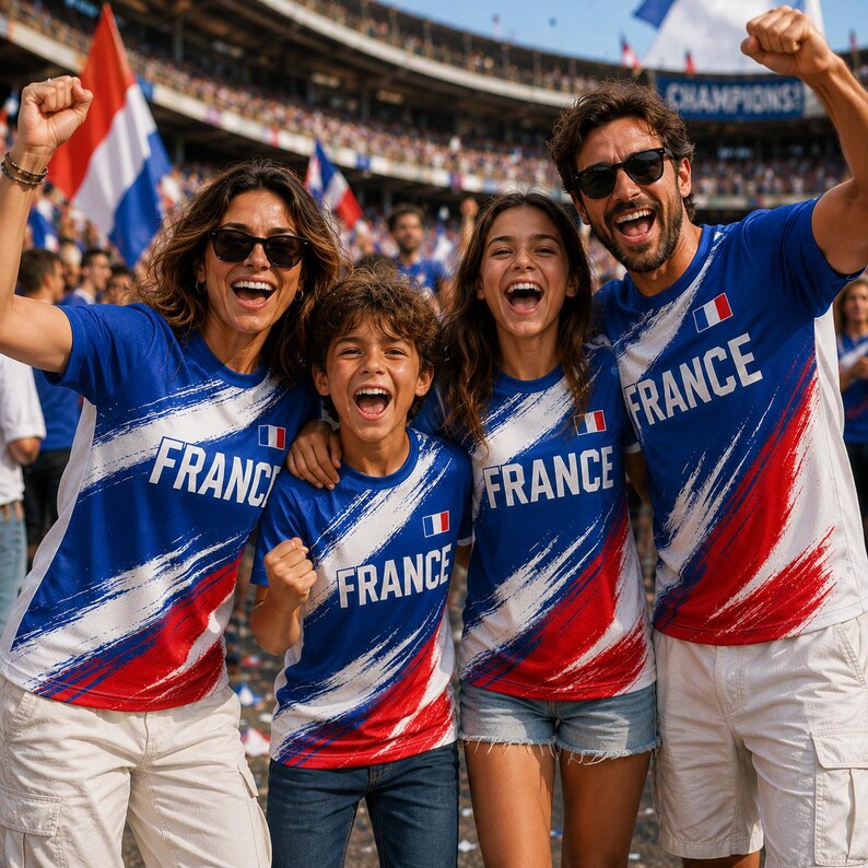 A group of four people, two men and two women, are wearing blue and red t-shirts with the word "FRANCE" printed on them, and they are smiling and celebrating enthusiastically.