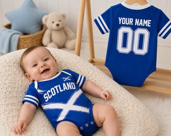 Personalized Scotland Baby Soccer Bodysuit, Custom Name Number Infant Football Jersey, Scotland Fan Baby Outfit, Baby Shower Gift