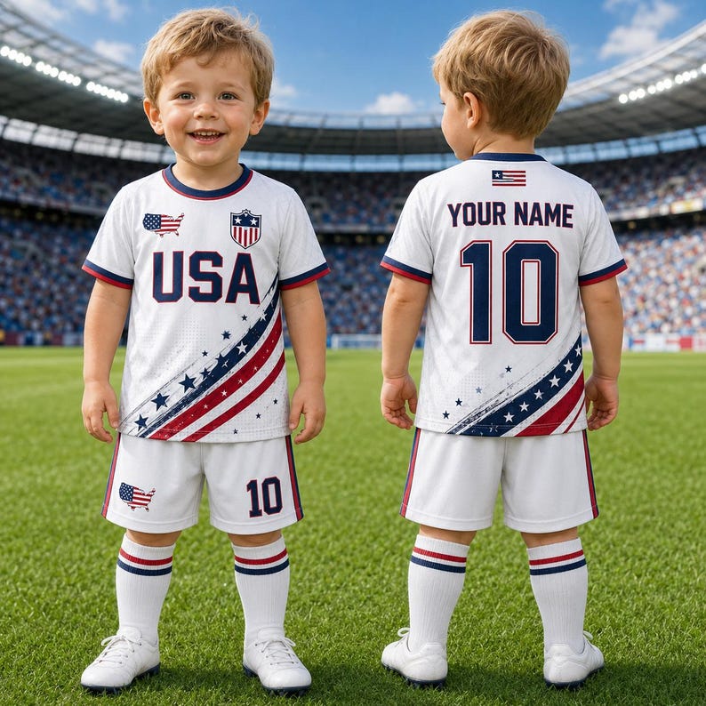 A young boy wearing a white soccer uniform with red, white, and blue colors, standing on a soccer field.