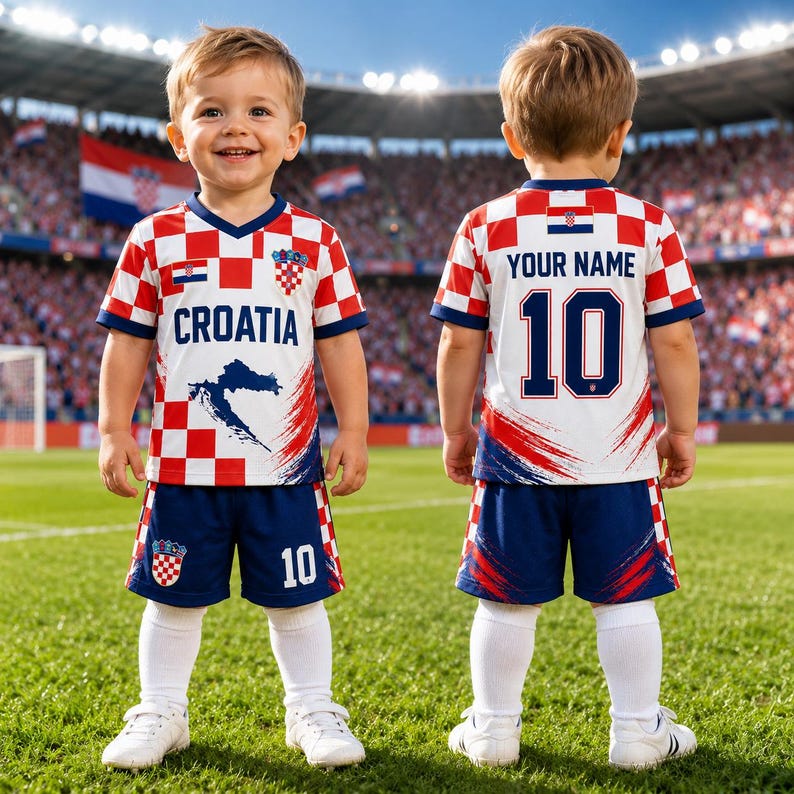 A young boy wearing a red and white Croatia soccer jersey with the number 10, standing on a soccer field.