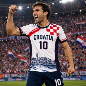 A soccer player wearing a Croatia jersey celebrates on the field, with a crowd of spectators in the background.